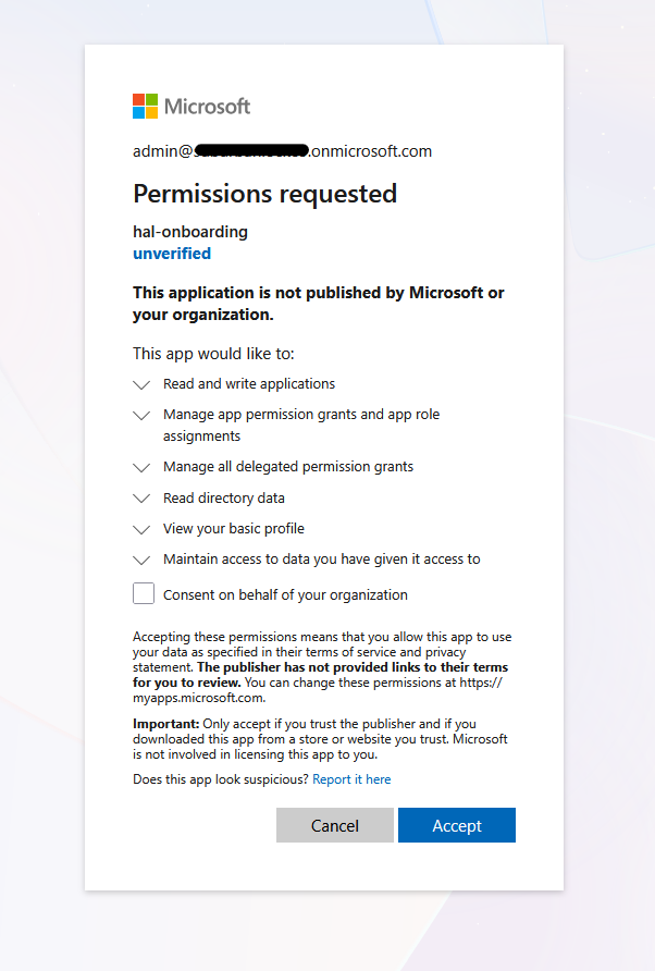 The Microsoft “Permissions requested” consent screen for the hal-onboarding app, listing the delegated scopes above, with the optional “Consent on behalf of your organization” checkbox left unchecked and the Accept button ready