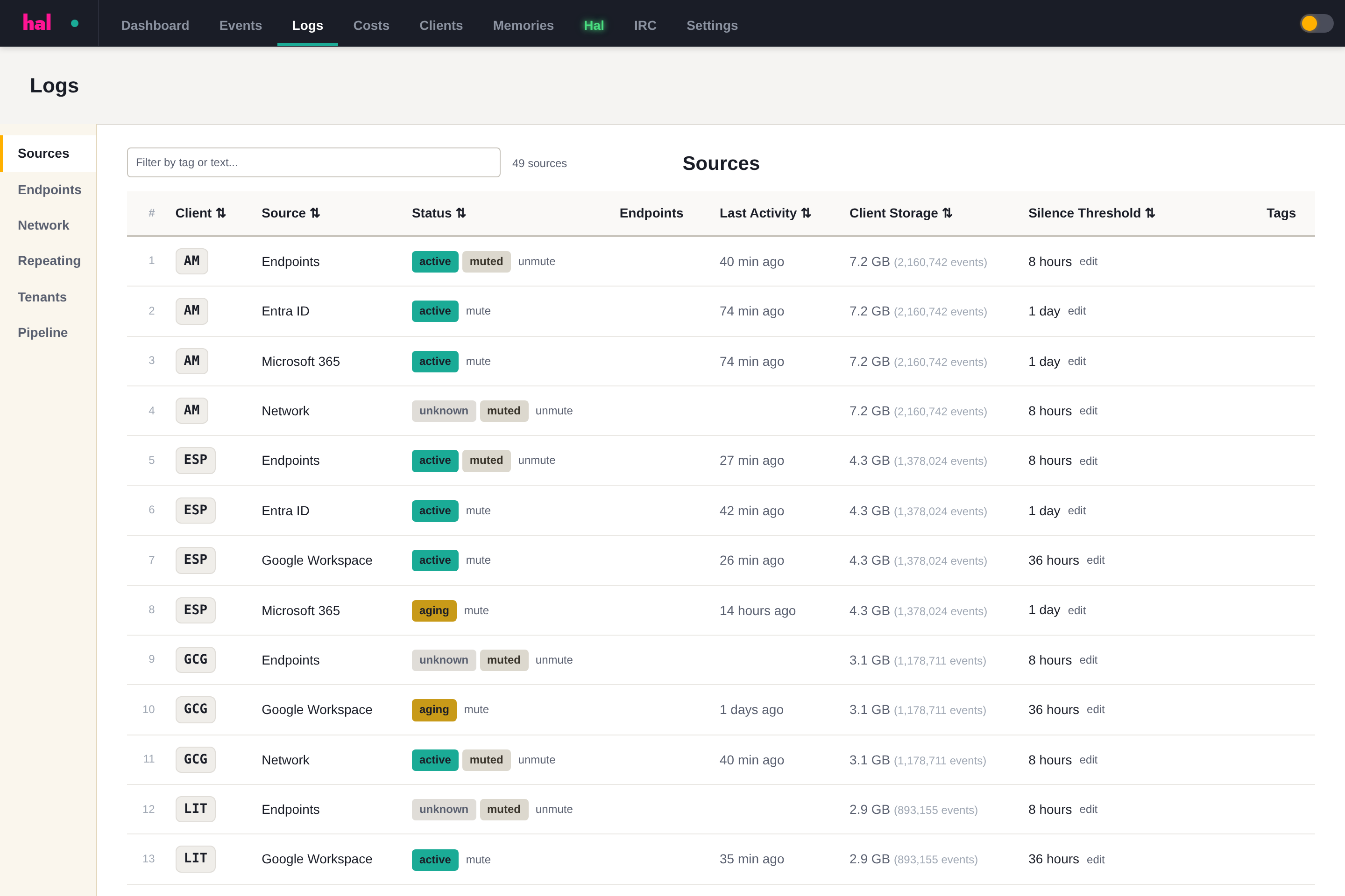 Hal portal log sources: every client tenant with status, last activity, storage, and silence thresholds